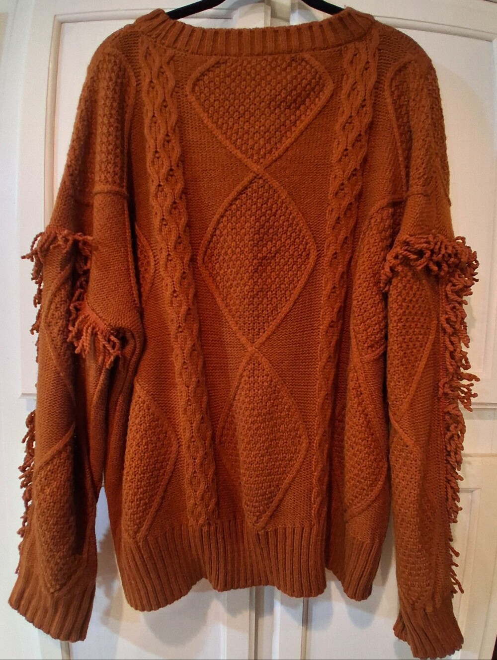 Sabrina Lauren New York Women's Rust Cable-Knit Fringe Crewneck Sweater XL